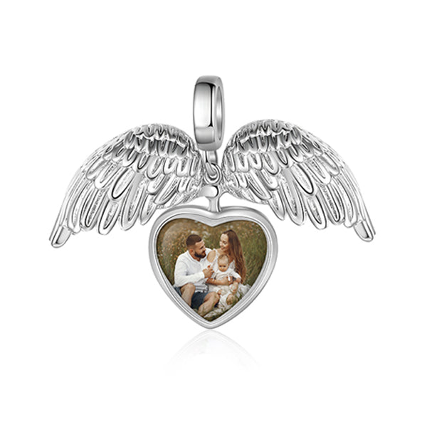 Personalized Rhodium Plated Heart Shape Wing Photo Charm Jewelry Beads