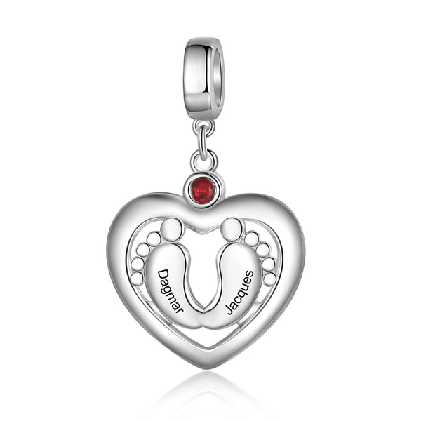 Personalized Rhodium Plated Baby Feet Heart Charm