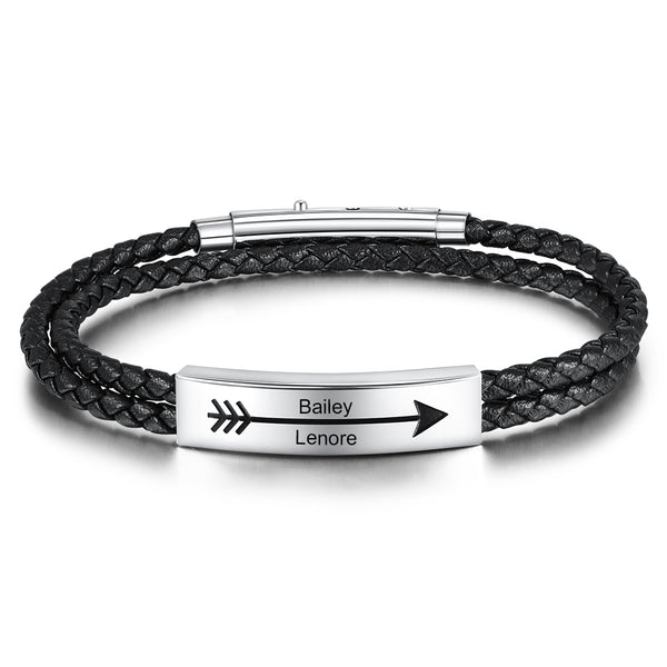 Engraved Stainless Steel Leather Bracelet