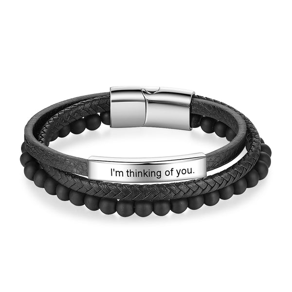 Engraving Stainless Steel Leather Bracelet