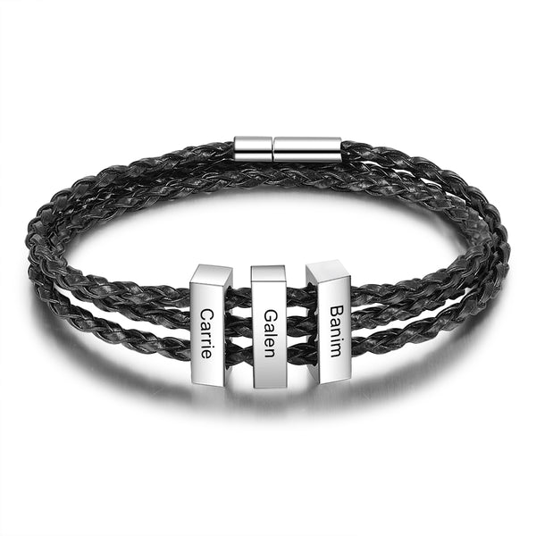 Square Beads Stainless Steel Leather Bracelet