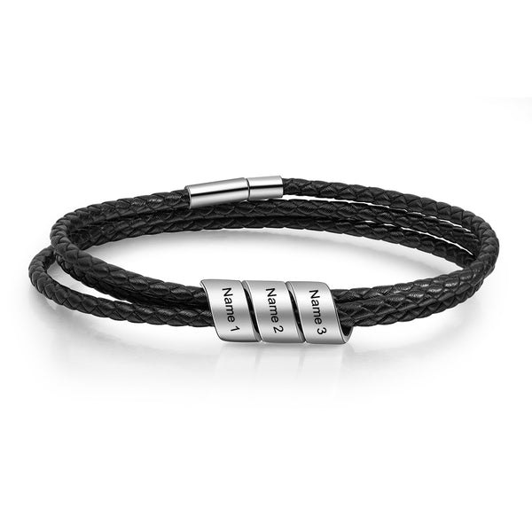 Three Beads Stainless Steel Leather Bracelet