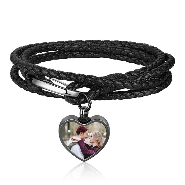 Personalized Black Leather Photo Bracelet