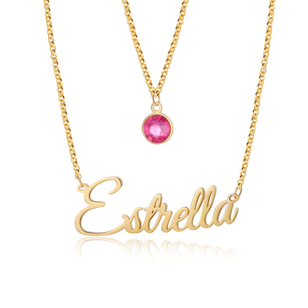 Custom Birthstone ＆ Engraved Name Necklace