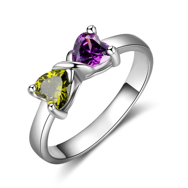 925 Sterling Silver Two Heart Birthstone Ring