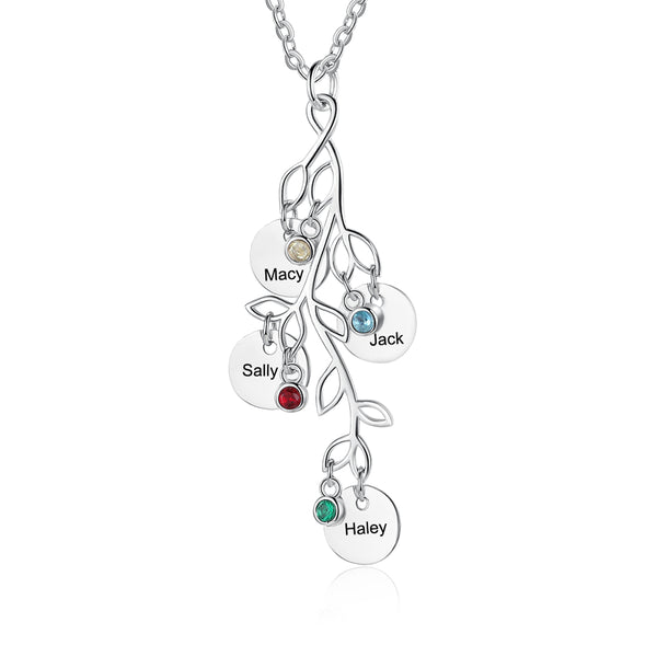 Birthstone & Engraved Rhodium Plated Necklace