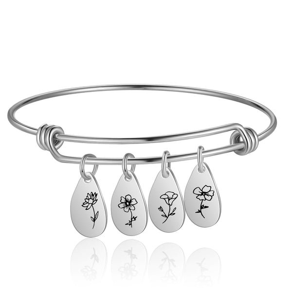 Stainless Steel Personalized Birthflower Bangle Bracelet