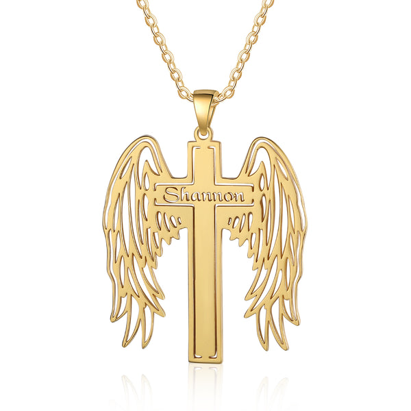 Custom Angle Wing Cross Name Necklace