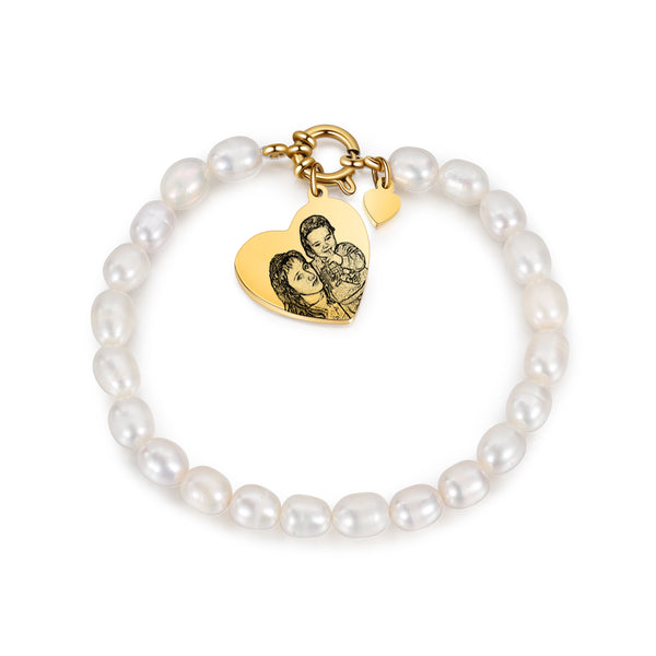 Custom Photo Pearl Bracelet with Heart Charm