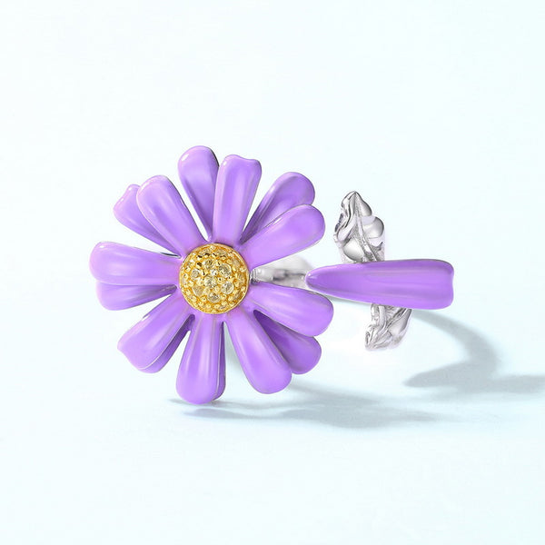 925 Sterling Silver Purple Spinning Daisy Ring