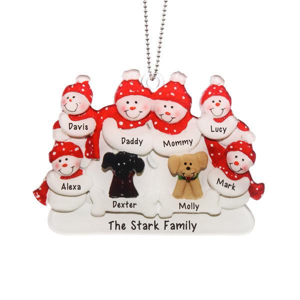 Dog And Snowman Personalized Christmas Ornament With Engraved 3-8 Names