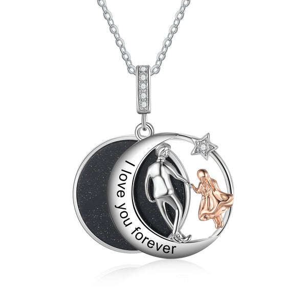 White Gold Moon Shape Father-Daughter Style Necklace