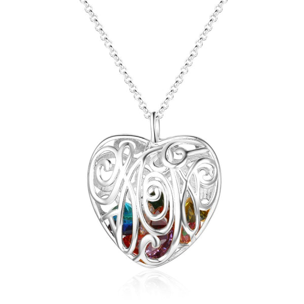 S925 Silver Heart Shape Hollow Pendant Necklace with Colorful Birthstones