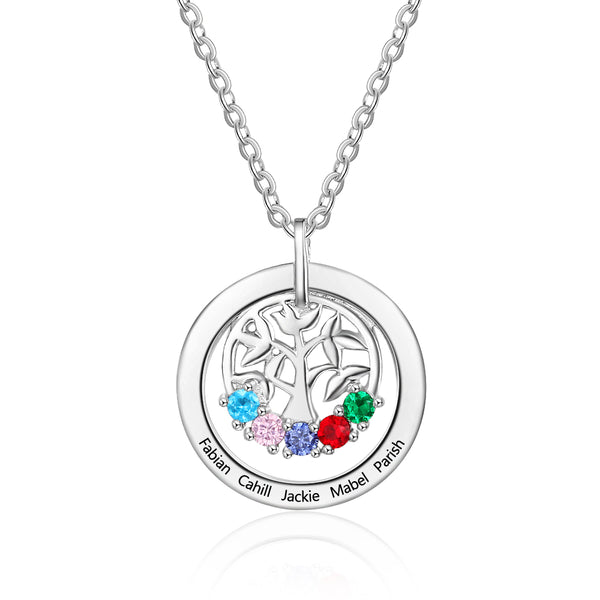 Engraved Name Family Tree Pendant Necklace with Five Birthstones