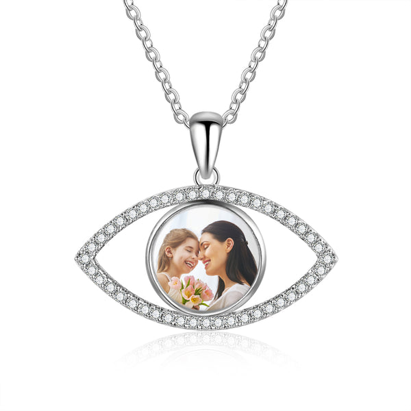 Personalized Rhodium Plated Eye Shape Photo Necklace