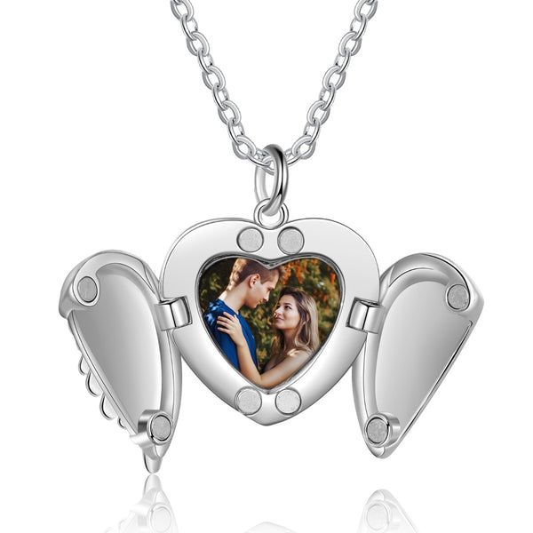 Personalized Rhodium Plated Heart Wing Photo Necklace