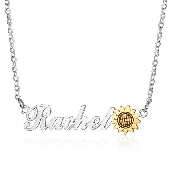 Personalized Rhodium Plated Cuatom Sunflower Name Necklace