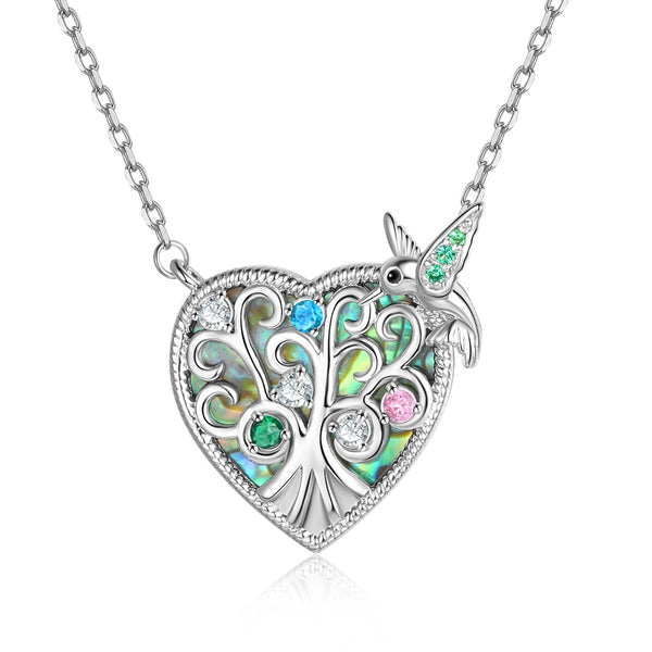 Rhodium Plated Bird Heart Shape Family Tree Pendant Necklace