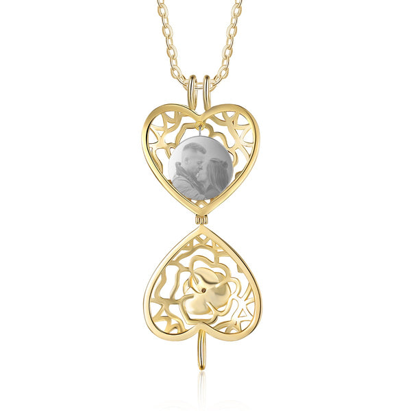 Rhodium Plated Hollow Heart Rose Flower Photo Necklace